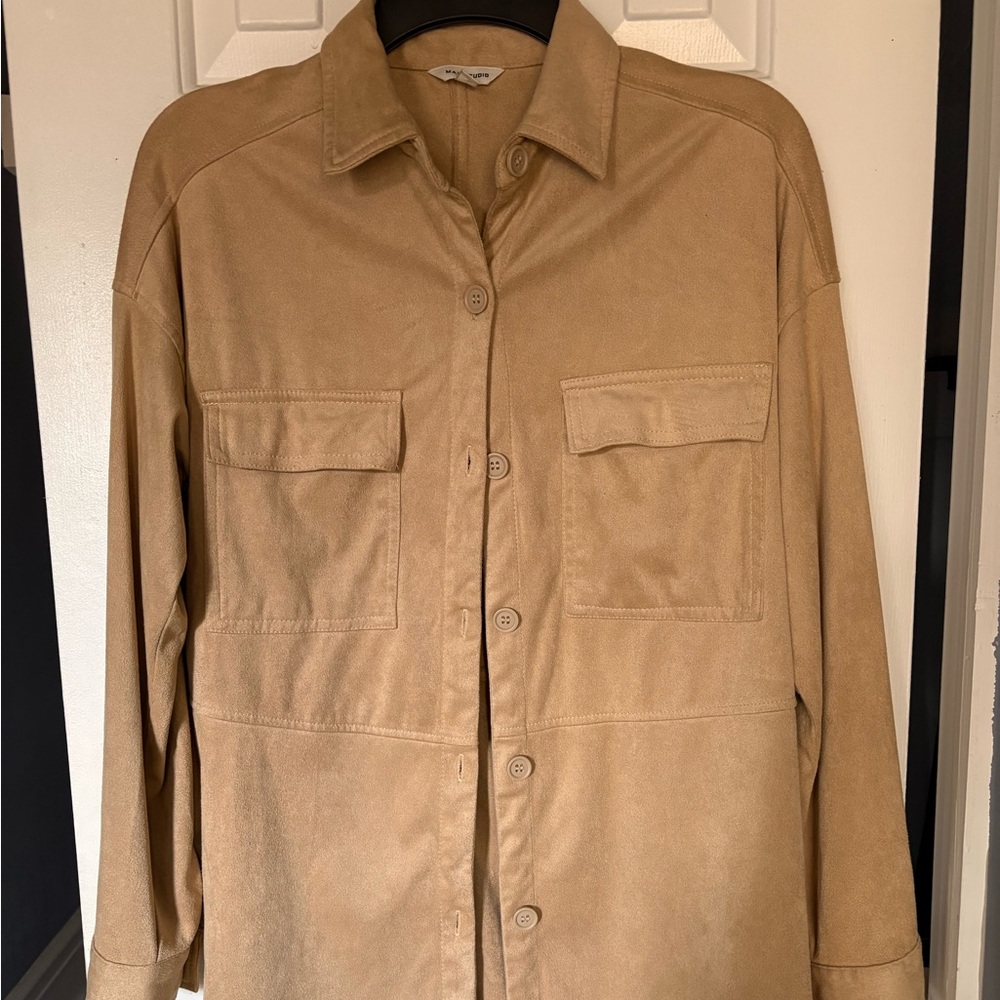 Max Studio Tan Utility Jacket Shacket Size Small Stretch Button Front Jacket